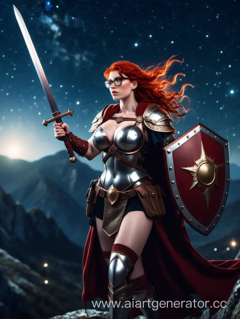 RedHaired-Valkyrie-with-Sword-and-Shield-in-Mountain-Night-Sky