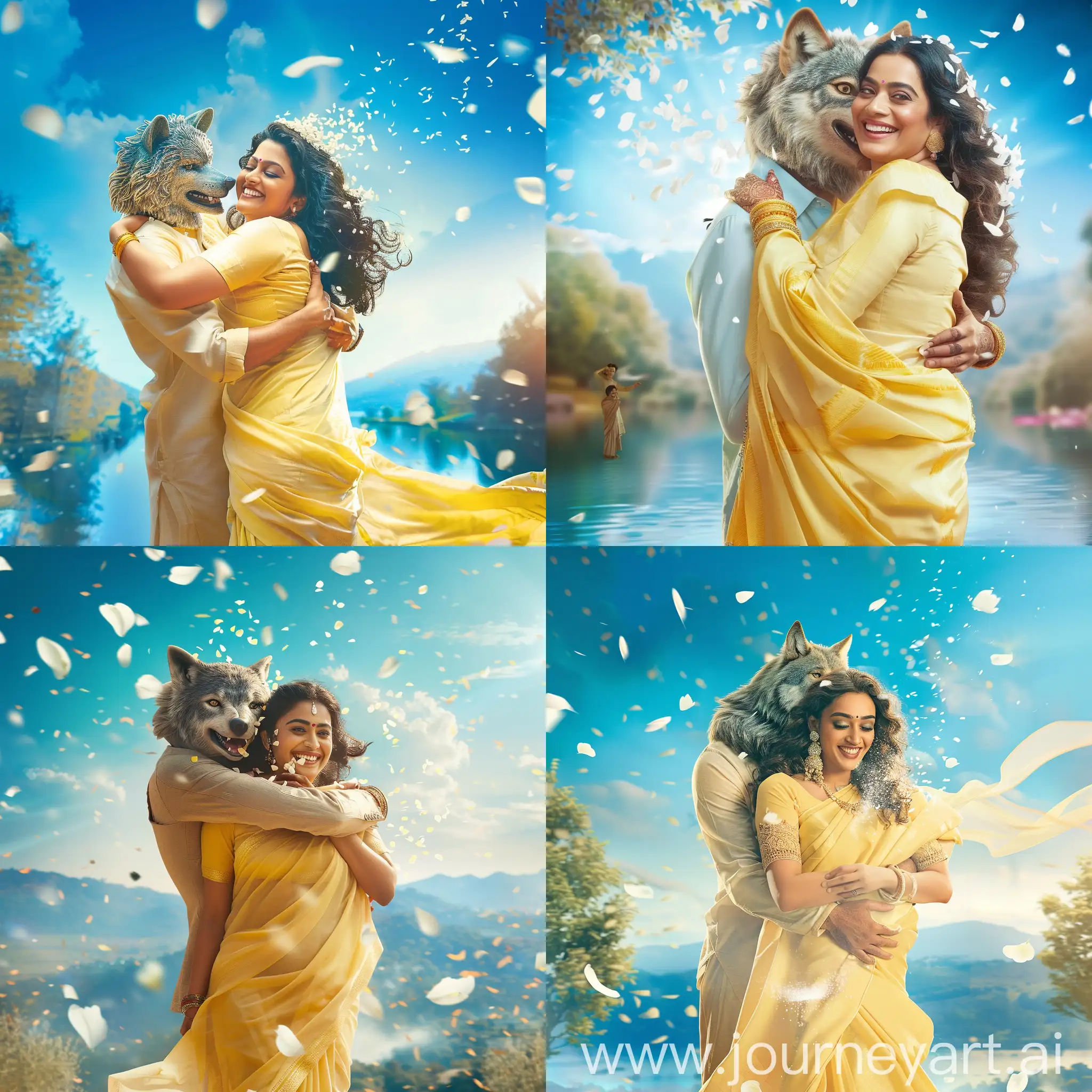 Create a stunning visual of most beautiful, elegant, curvy Kavya Madhavan, wearing a yellow creamy saree, is hugged from behind by a wolf headed man with love and vigor, there is intricately detailed picterisque landscape in the background, signaling a spark of love and excitement, the sky is blue and vibrant, she is showered with white petals from heaven, she is full of energy for having more of this treat, she is happy and tranquil, a attractive, beautiful, curvy, half body shot, perfect composition, golden ratio in the composition, vibrant soothing, cinematic lighting
