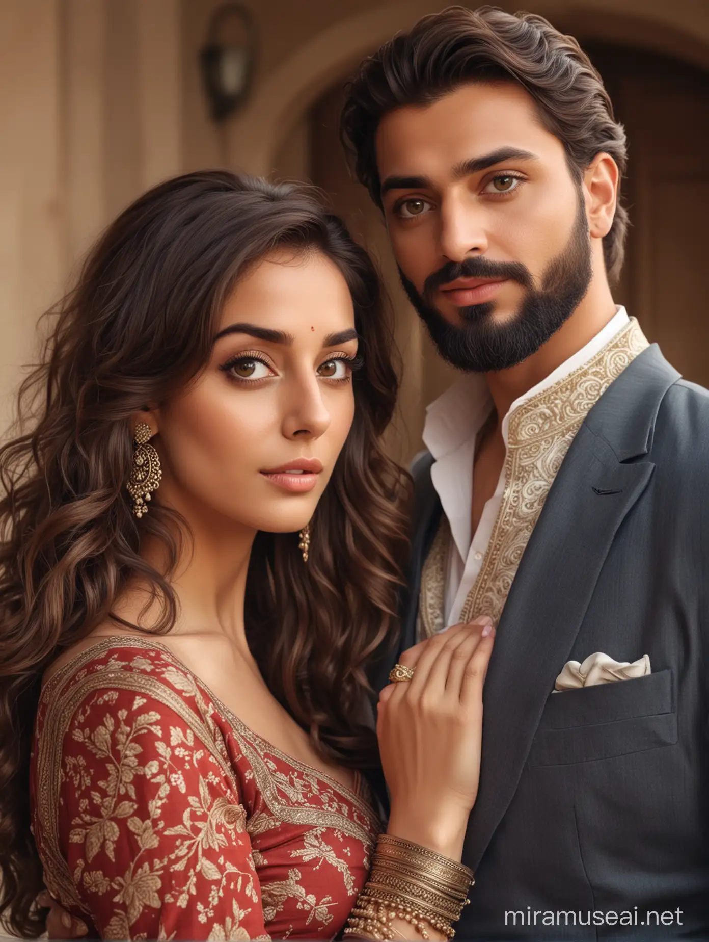 full photo of most beautiful european couple as most beautiful indian couple, most beautiful girl in elegant saree and long curly hairs, big wide eyes, full face, full makeup, sleeveless  man with stylish beard, man perfect short hair cut,  formals, photo realistic, middle shot, 4k.
