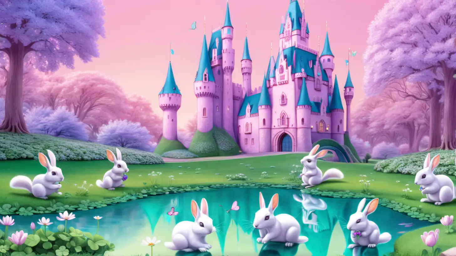 Magical Rabbits and Squirrels by Pastel PinkPurpleBlue Castle with Glowing Pond