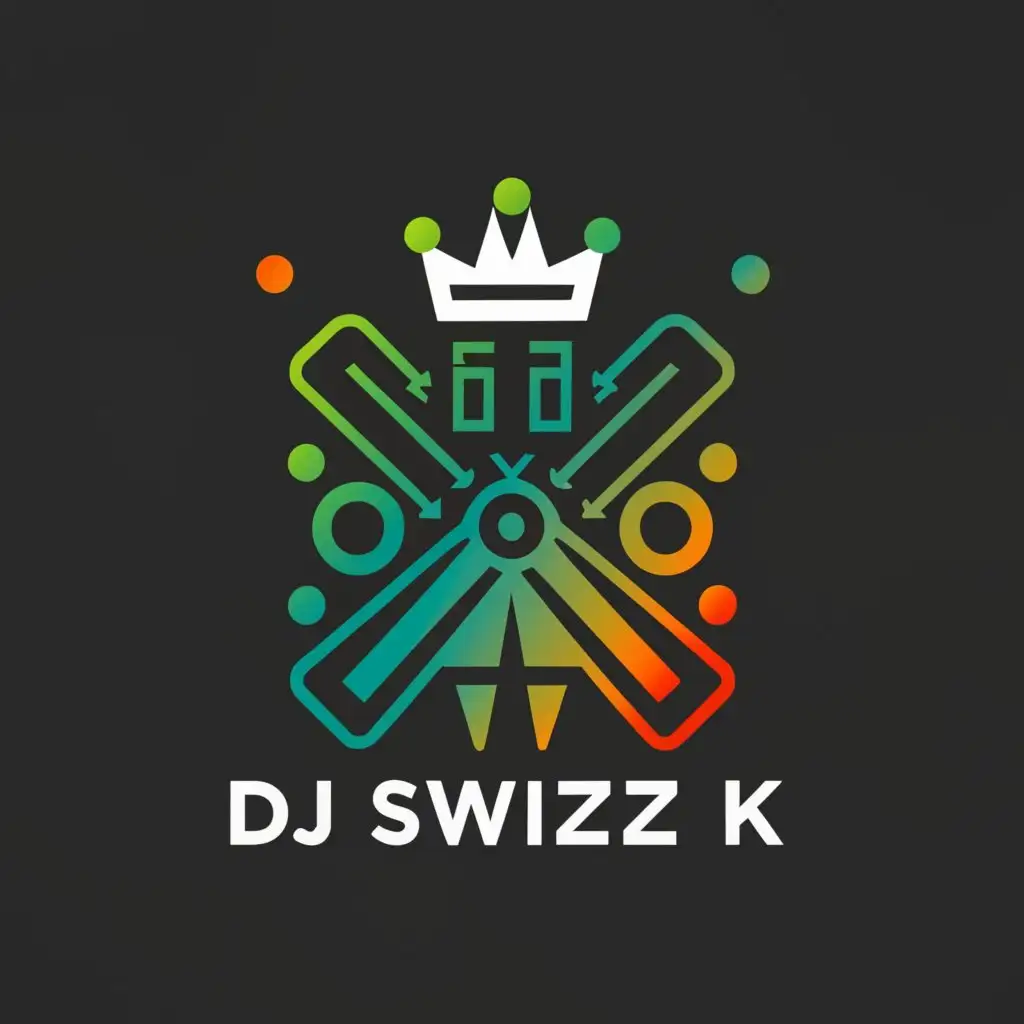 a logo design,with the text "DJ SWIZZ K", main symbol:A CROWN AND TURNTABELS mixed with an African map,complex,be used in Entertainment industry,clear background