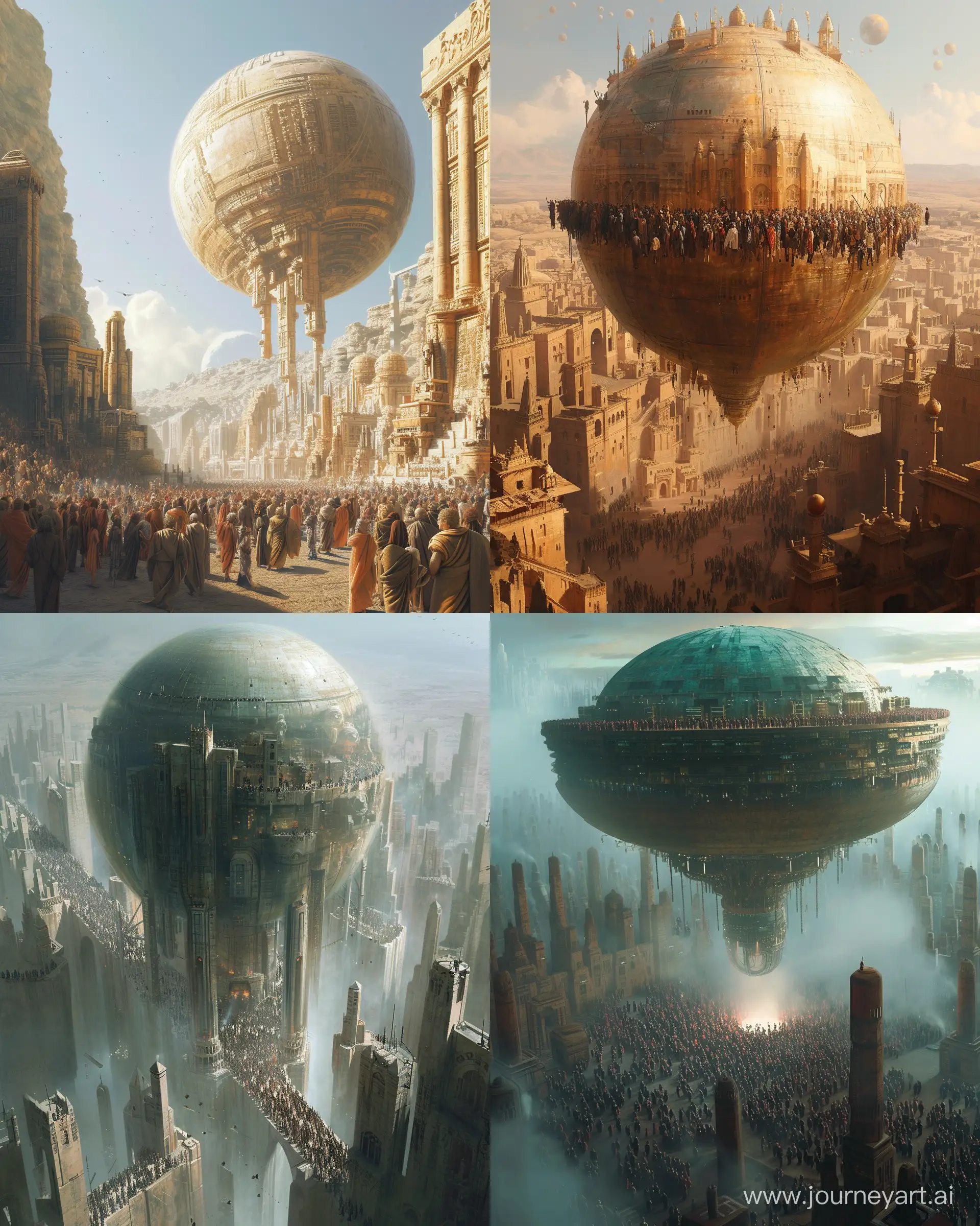 futuristic city in an orbiting ball, in the style of columns and totems, alessio albi, mark tobey, detailed crowd scenes, photorealistic detail, 1000–1400 ce, sergey musin --ar 35:44 --style raw --v 6