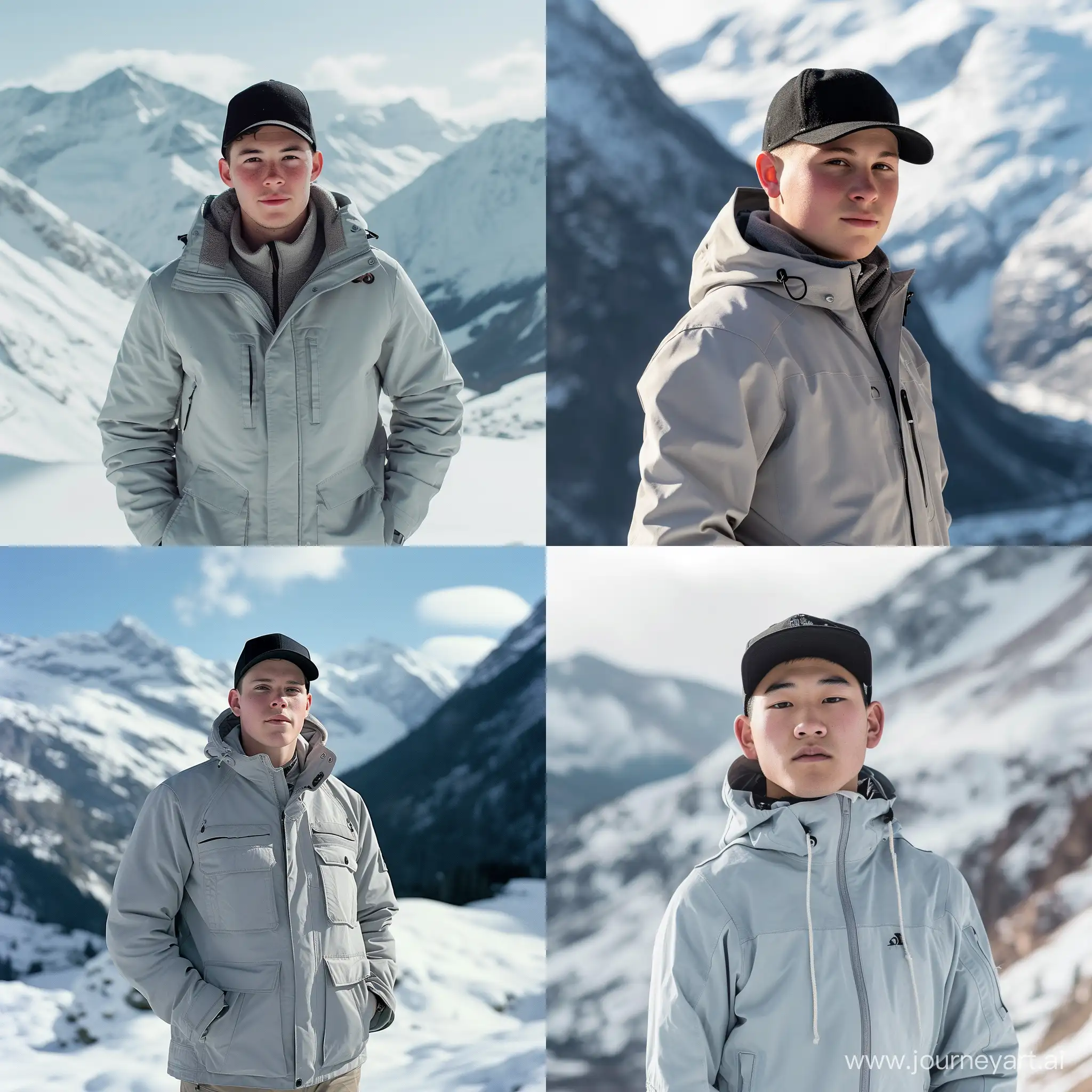 Молодой парень, фото во весь рост, снежные горы, светло серая куртка, чёрная кепка, профессиональное фото, 
