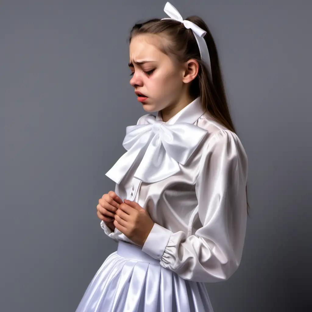 girl wearing white satin blouse with big collar ribbon-bow high around neck and white satin skirt tearfully weeping profile full body