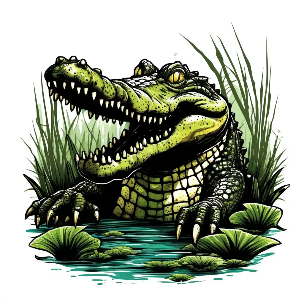 t-shirt design of dark color crocdile in the swamp. white background. vibrant.



