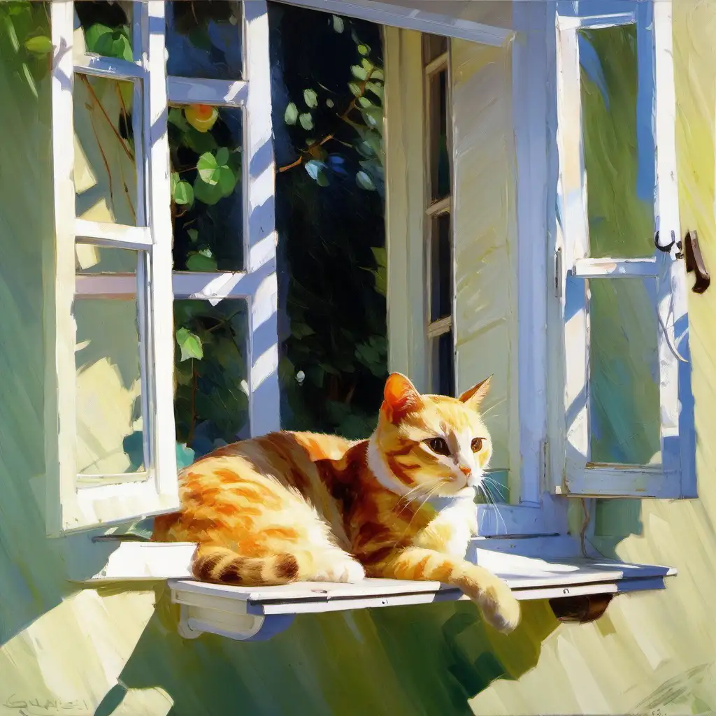 Serene Summer Window Scene Cat Lounging on Windowsill in Vladimir Gusevs Oil Painting