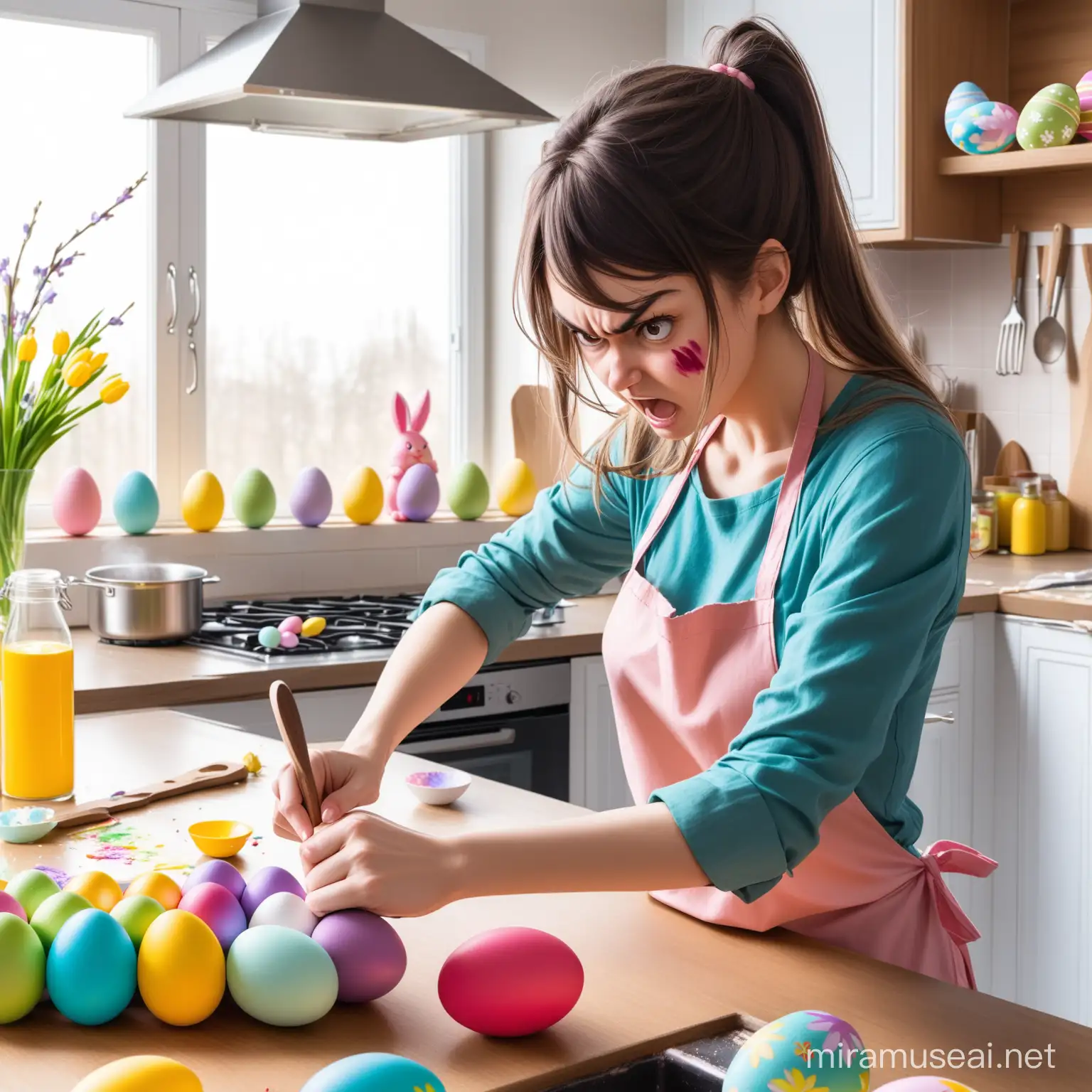 Irritated Woman Preparing Meal Amidst Vibrant Easter Eggs and Chaotic Spring Decor