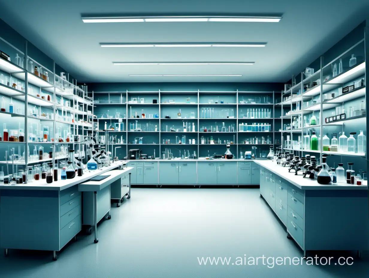 фоновая картинка на которой изображена лаборатория со столом, полками, колбами, микроскопами и другими предметами из этой области
