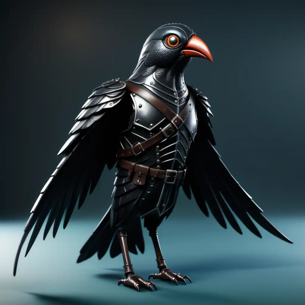 реалистичная  птица-ван-хельсинг в черных кожаных доспехах  птичье тело и крылья в полный рост