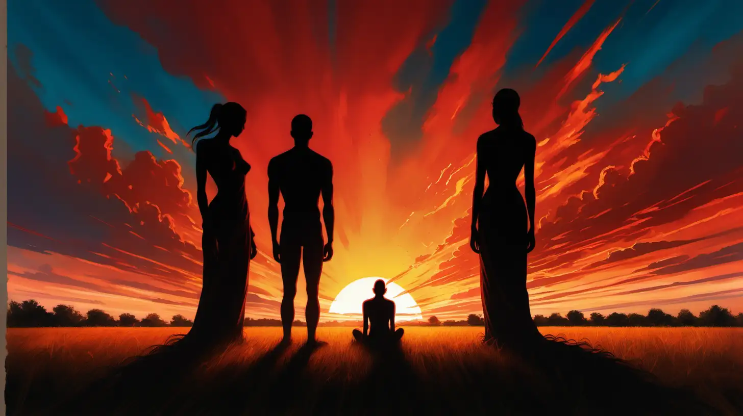 A digital artwork depicting three silhouetted figures against a vibrant sunset. The sky is painted with dramatic streaks of orange, red, and yellow, with some clouds scattered throughout. To the left stands a figure with a hand on their hip, looking towards the center, where another figure is seated on the ground with their hand on their head, appearing contemplative or distressed. To the right is a third figure standing upright and facing forward. They are all situated on a grassy field with tall wild grasses at the forefront, overlooking a horizon that meets the sun-drenched sky. 