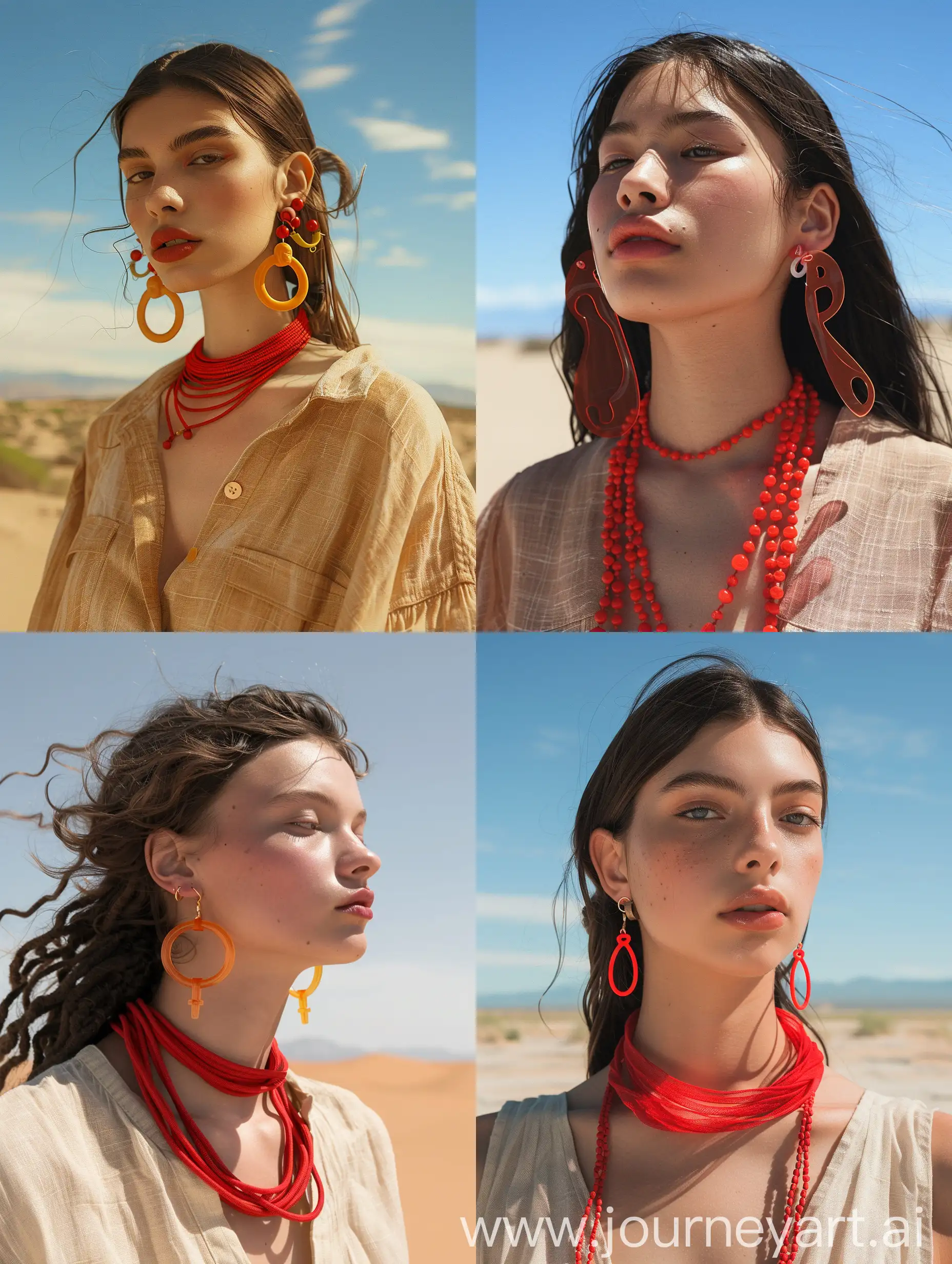 Stylish-Girl-in-MenShaped-Earrings-with-Red-Necklace-and-Linen-Shirt-on-Desert-Sky-Background