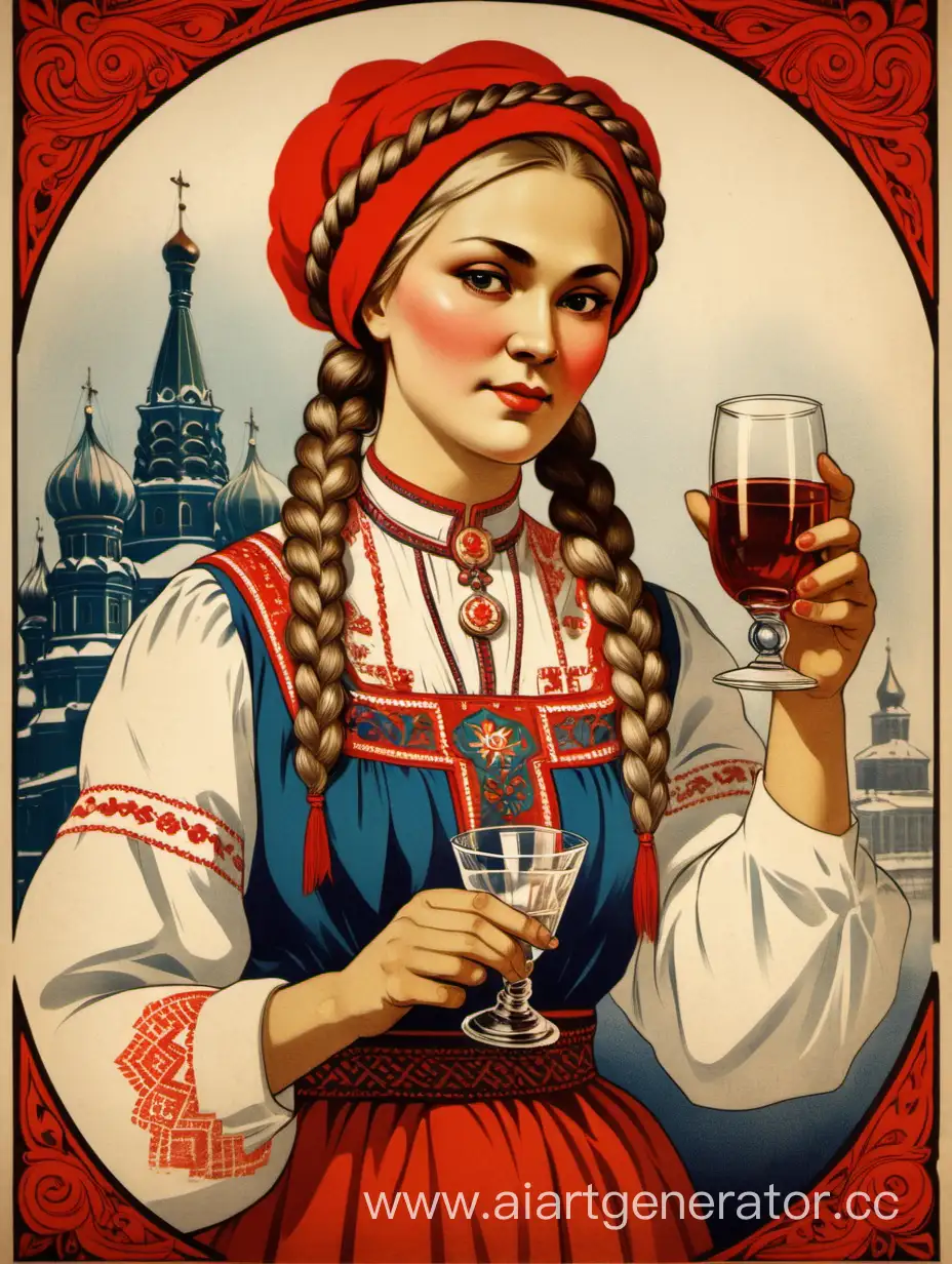 Vintage-Russian-Poster-Style-Traditional-Attired-Woman-with-Glass