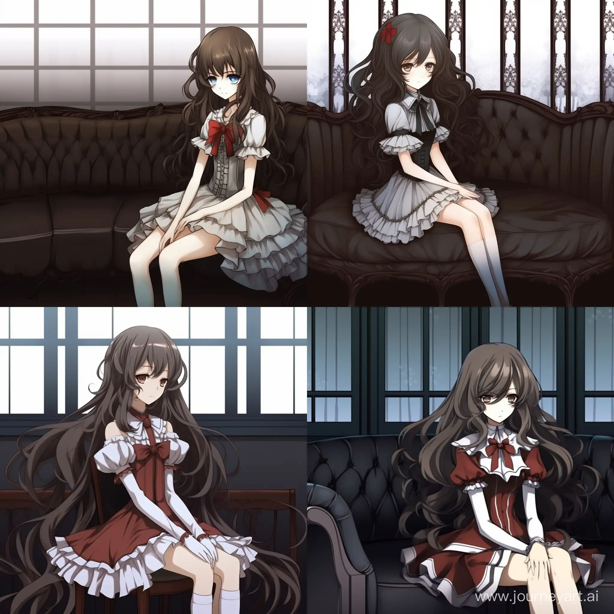 a young lady with dark brown hair, long fluffy hair. pale, half-closed gray eyes, eye makeup, an open silk dress, dark red living room in the background.dark lighting. sitting in an armchair.   anime 80's style, old anime drawing 