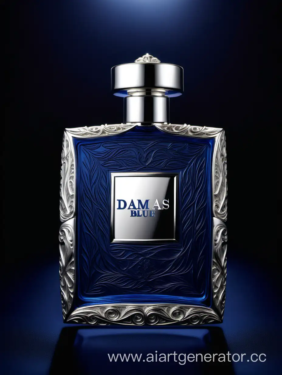 Luxurious-Silver-and-Dark-Matt-Blue-Perfume-with-Intricate-3D-Details-on-Black-Background