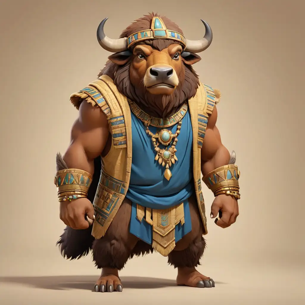 a bison in cartoon style in full body with the clothes of the pharaohs of ancient Egypt with hat with clear background
