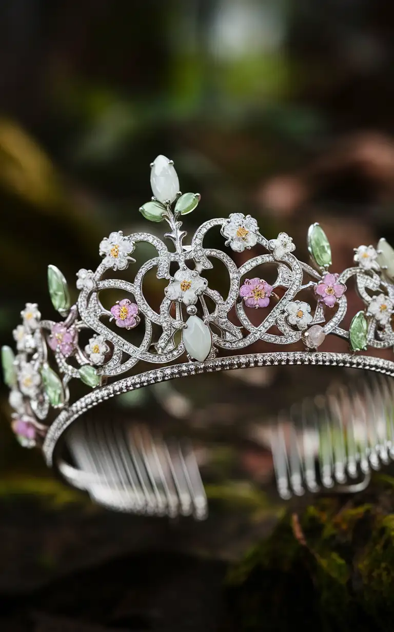 macro photo of enchanted elven elven tiara, fine work, art nouveau, shining silver and precious stones, light green and white and soft pink and pastel color scheme,  cherry blossom theme, in the style of canon ts-e 17mm f/4l tilt-shift, forest background