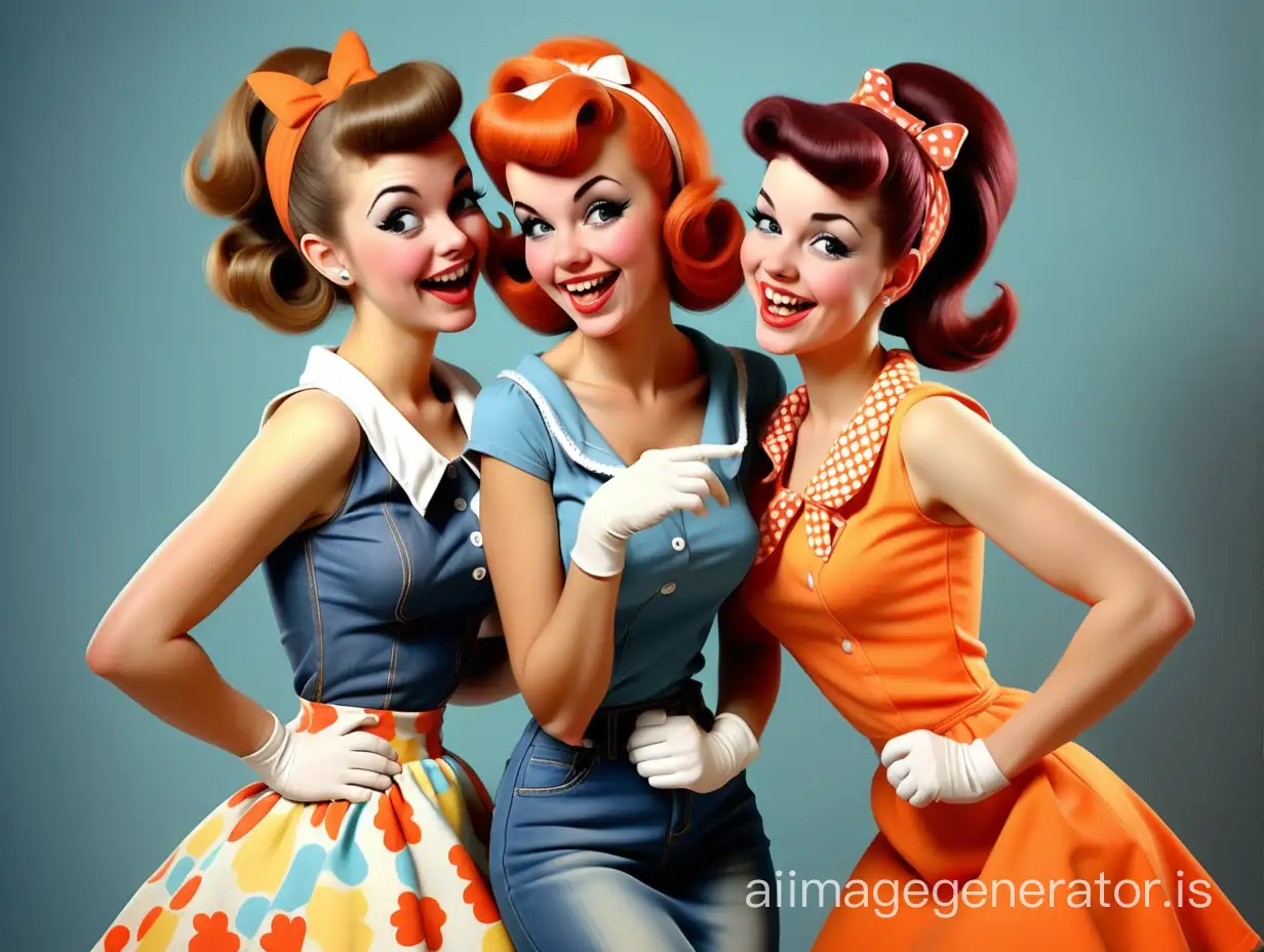 2 cheerful girls from the 60s brightly dressed, one in jeans, the other in a dress - whispering in pinup style
