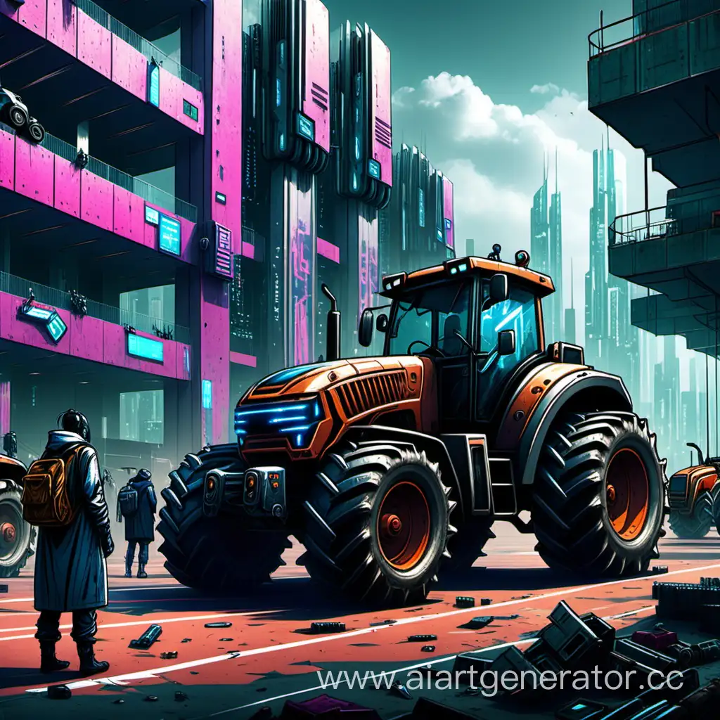 draw a cyberpunk-style university on which bsatu will be written, and at the entrance of the tractor-tanks and just tractors are standing