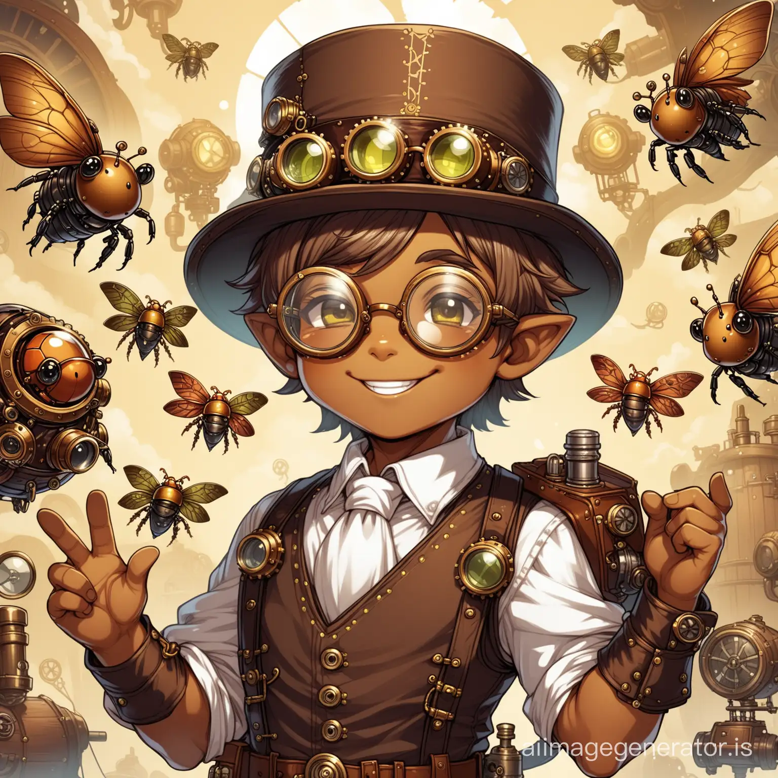 happy gnome boy dnd steampunk, brown skin, olive hair, steampunk glasses, with mechanical bugs