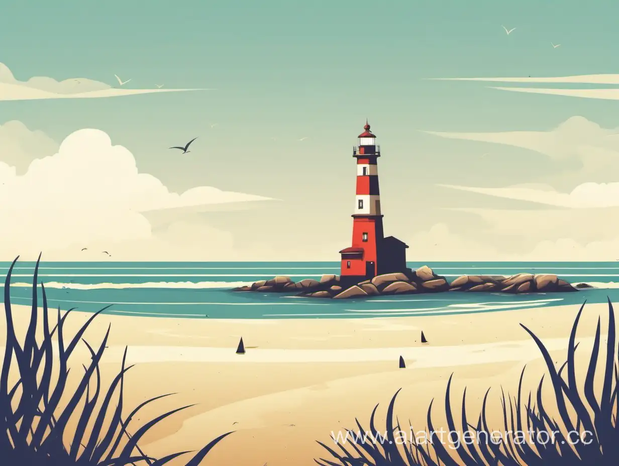 沙滩 插画风格 灯塔在远方 适合作为背景使用