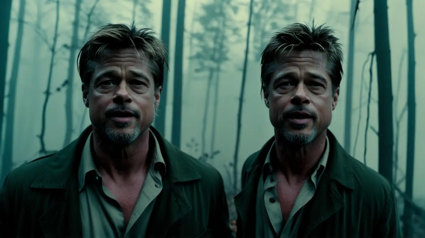 I want to place Brad Pitt inside a foggy forest. The camera is close to him so we can see his upper body and head. It is early in the morning. Close to the camera, between Brad Pitt and the lens of the camera, we can see out of focus, some branches from a tree. Behind Brat Pitt and inside the hazy fog, a silhouette of a tall warewolf is visible. Brat Pitt, seems that did not understand the danger and looks directly at the camera.  













