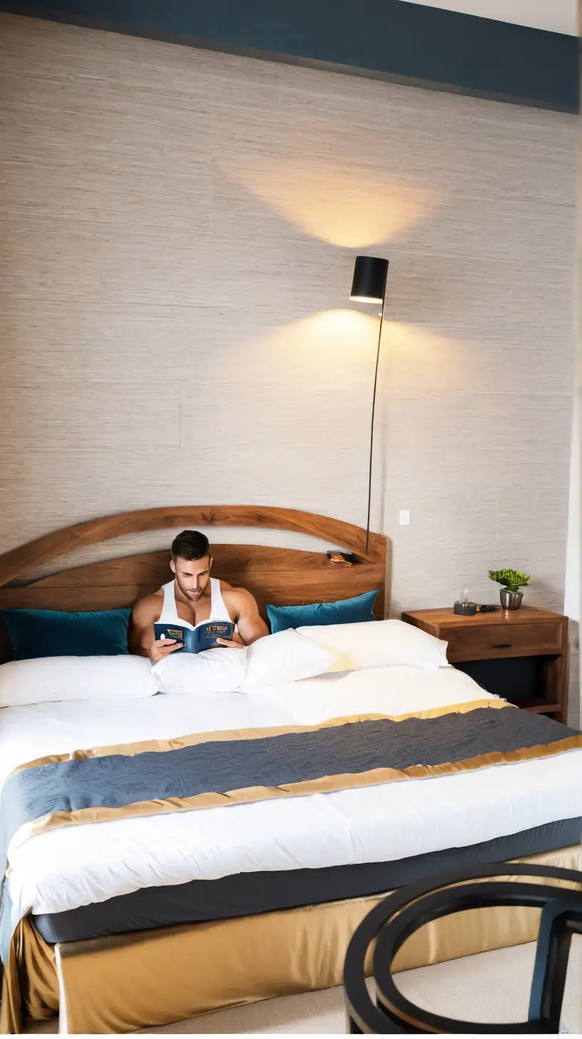 1  muscle   handsome man reading   on  bed