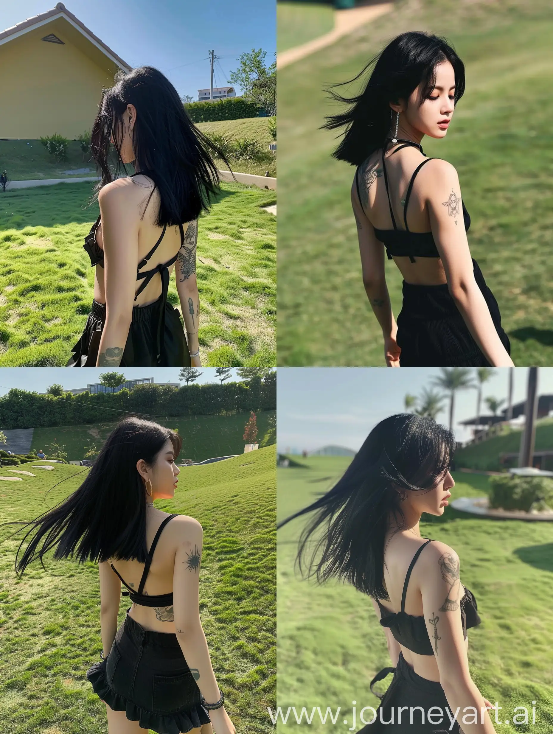 aestethic selfie, blackpink's jennie, walking on a grass, back body, medium black hair, tattoo, bared shoulder --ar 3:4