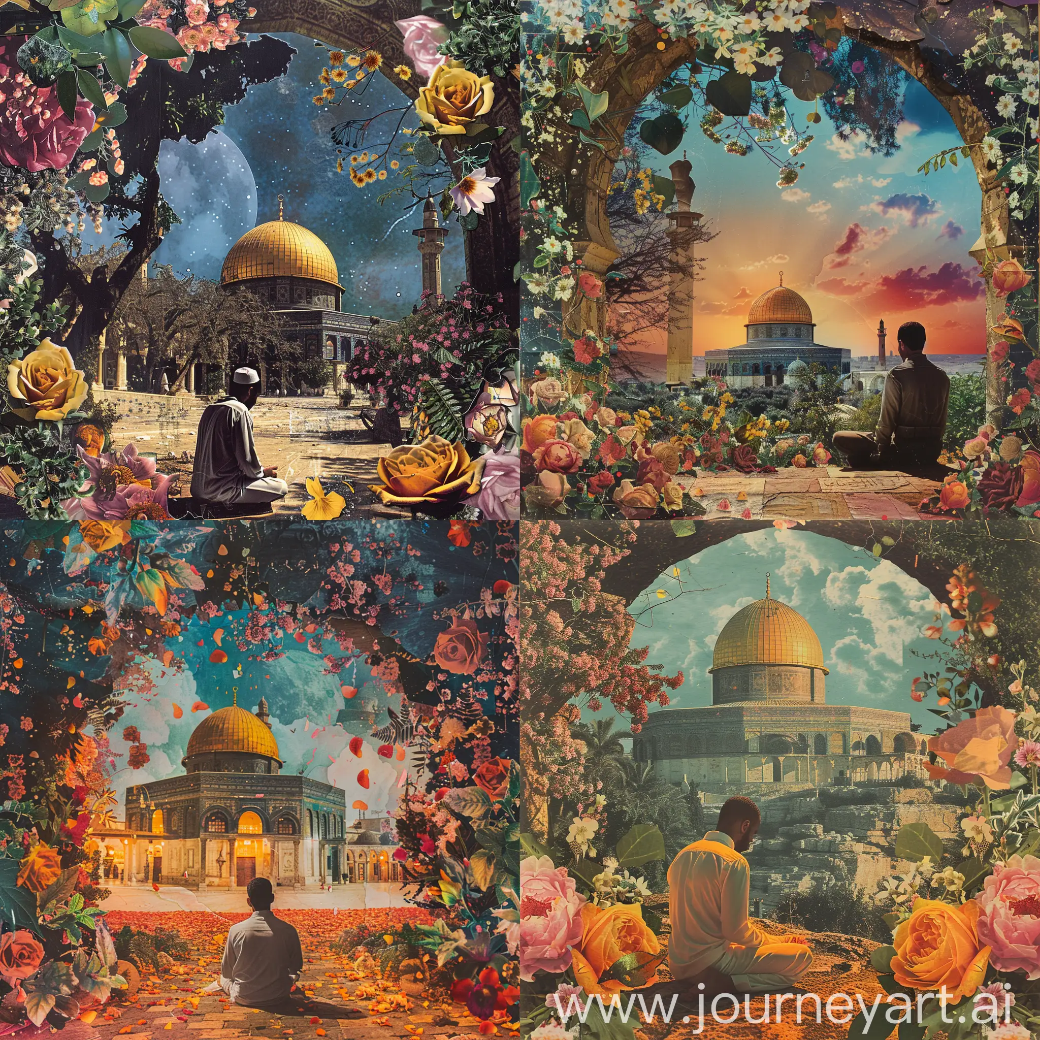 arafed collage of images of A man prays at the mosque on the in a flower arrangement ,dome of the rock mosque ,night of Ramadan,
 collage artwork, collage art, contemporary collage,
 a contemporary artistic collage,  photoshop collage,
 a contemporary artistic collage, contemporary collage,
 surreal collage, courful illustration, collage artwork,
 by Lubin Baugin, collage art, a collage, ( collage ),
 made of flowers and leaves, digital collage, inspired 
by Lubin Baugin, surreal illustration, a beautiful 
artwork illustration, collages
