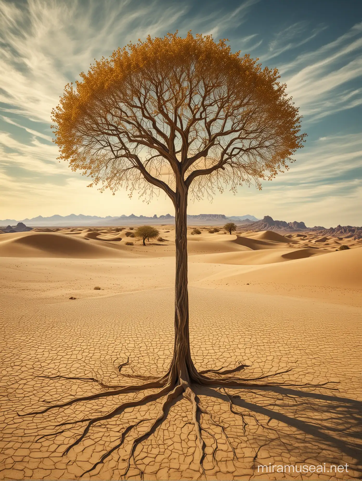 Dans un style enttre Salvador Dali et Van Gogh , un arbre au milieu d'un desert