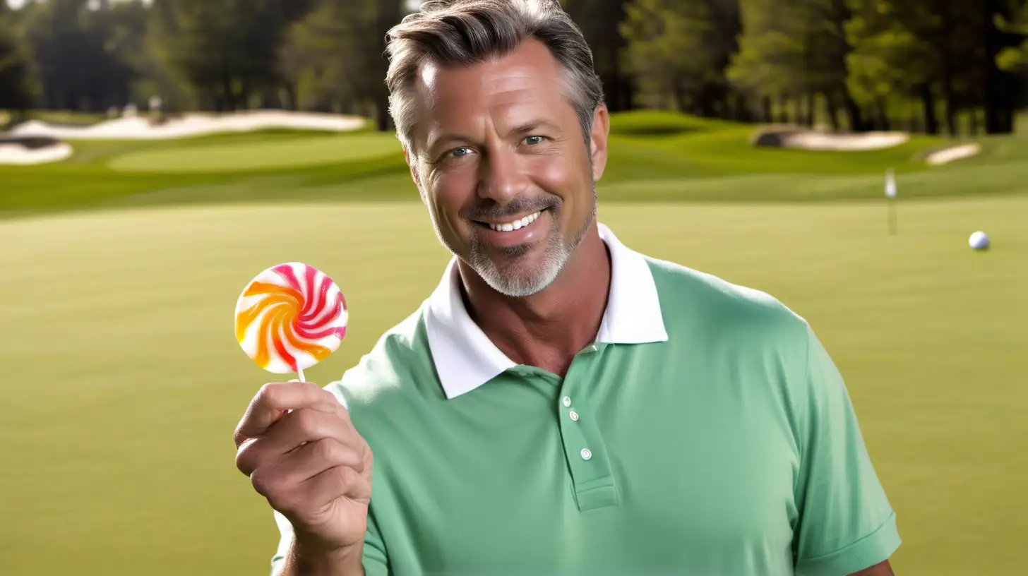 Handsome 40 year old American man on golf course. He offers a single jelly candy.