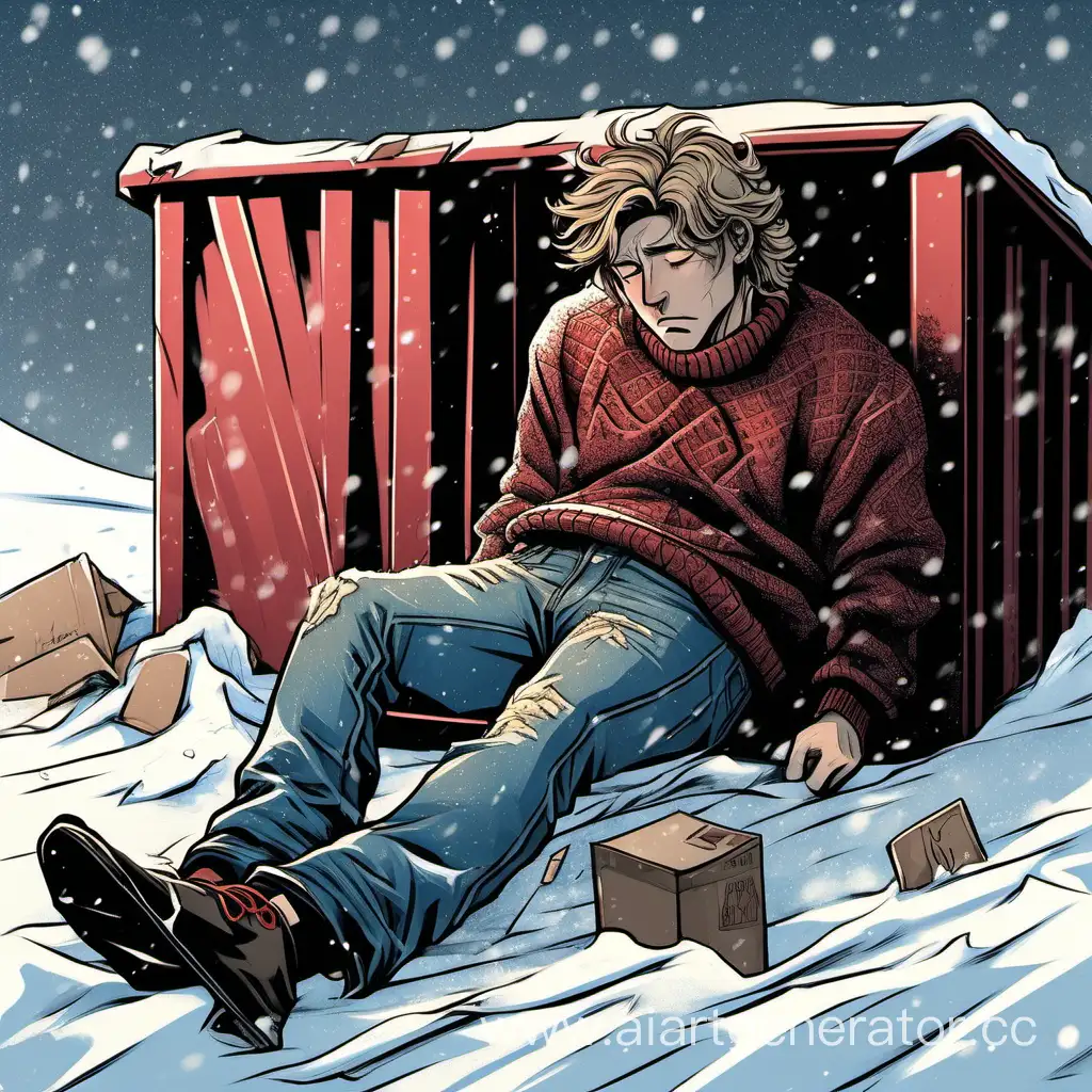 у мусорного бака на снегу на боку парень лежит в рваных джинсах и в рваной кофте, со светлыми волосами волнистыми, плачет, типаж Антона Шастуна

