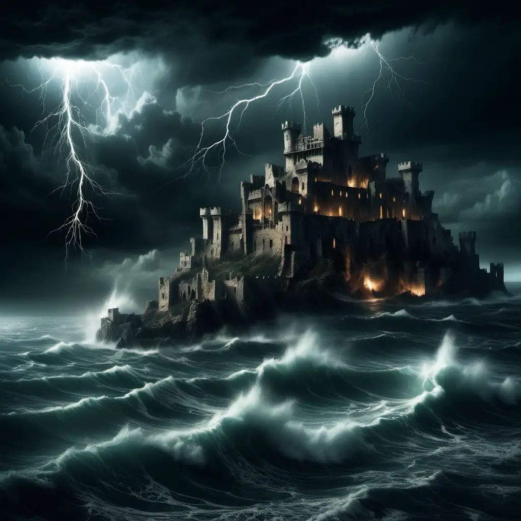 mar, tenebroso, oscuro, grande, con, castillo, en ruinas, deteriorado, tormenta, relampagos, fantasia