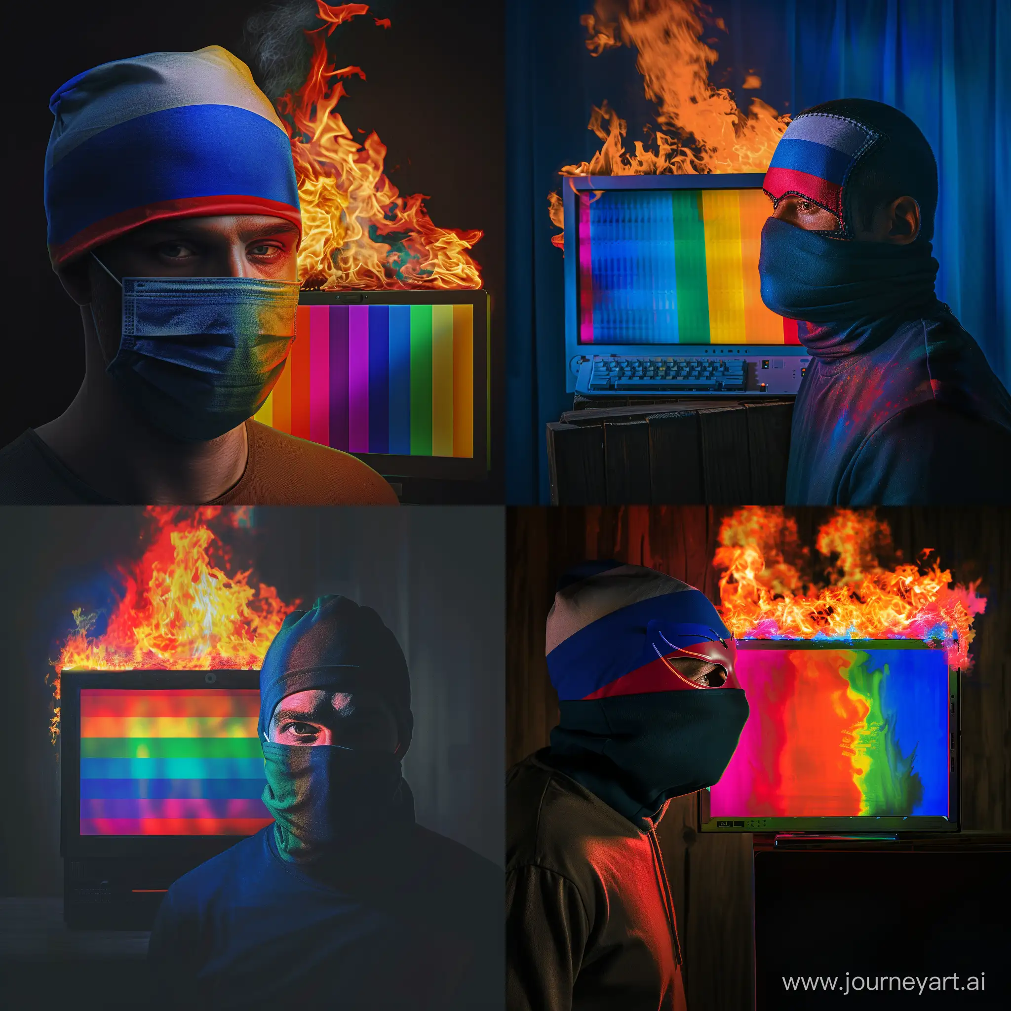 Anonymous-Masked-Man-with-Russian-Flag-Colors-and-Rainbow-Computer-on-Fire