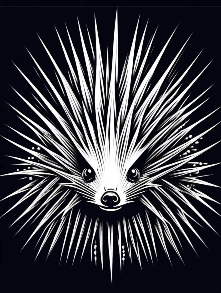 Hedgehog, head front, bristling spikes, graphic style, ruff style, main characteristics, white pastel on black paper