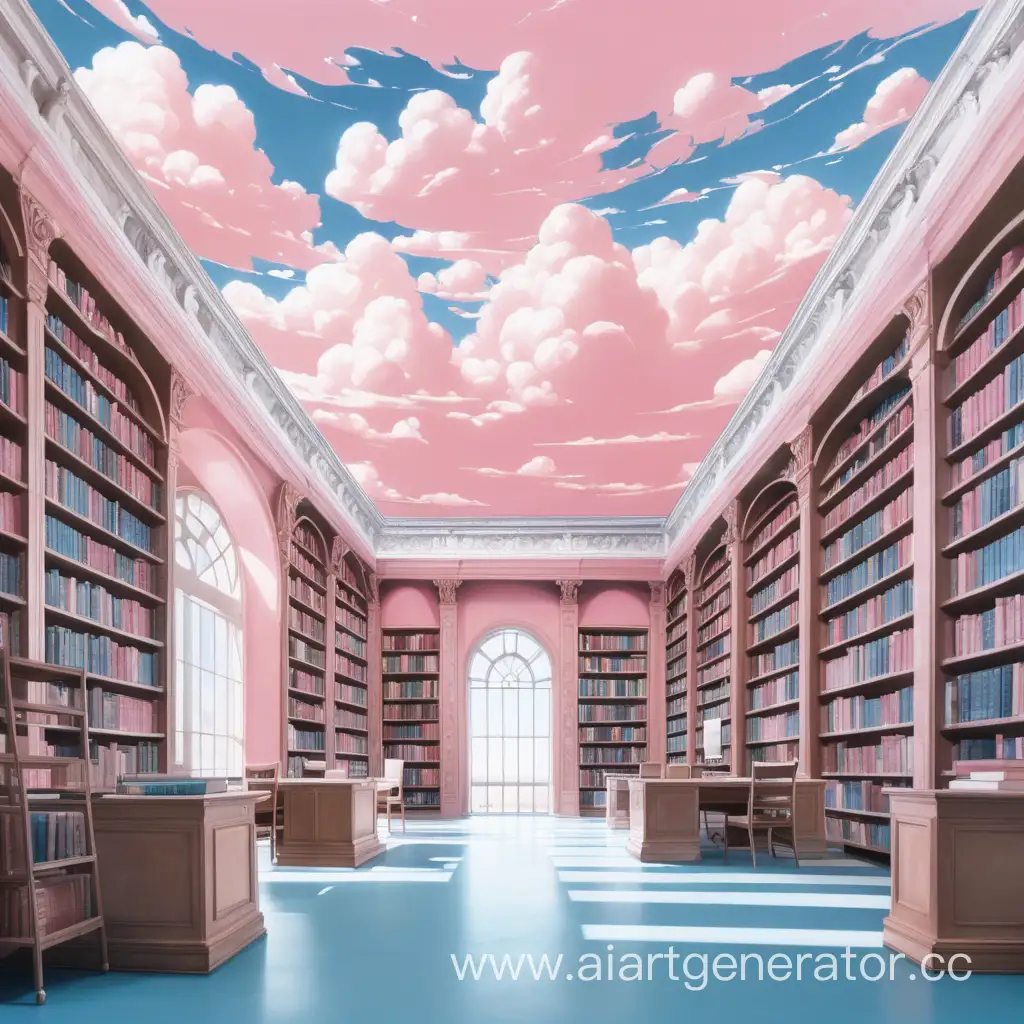 Serene-Library-Scene-with-Pink-White-and-Blue-Clouds
