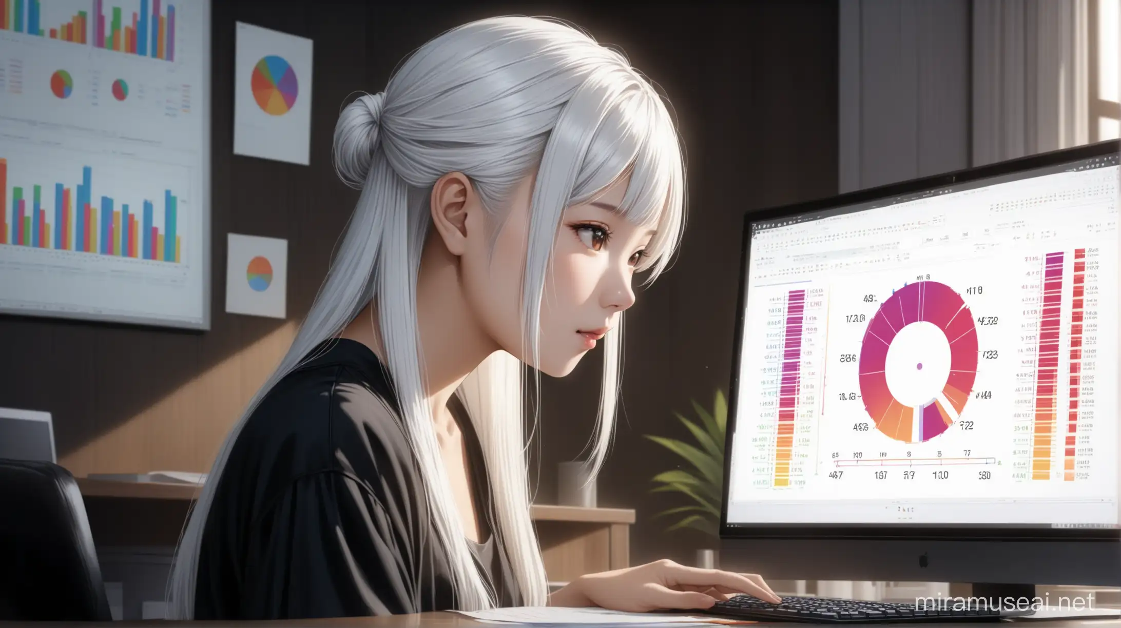 красивая девушка с белыми волосами, стиль прически карэ, азиатской внешности, анализирует информацию с гистогамами и кругами  через свой домашний компьютер.  реалистичность, 4к