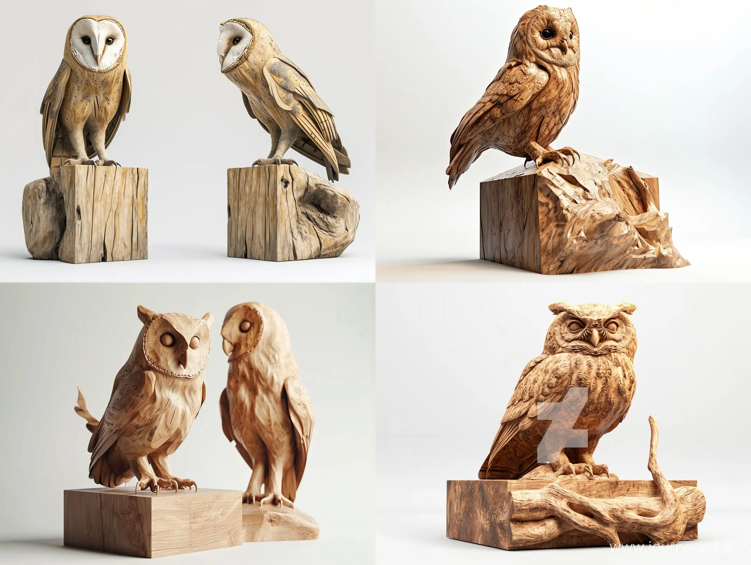 Professional sketch for wooden sculpture, a full-length owl full-face and in profile on a large wooden cube, professional dynamic character, front back view and side view, wood carving, white background, 8k Render, ultra realistic