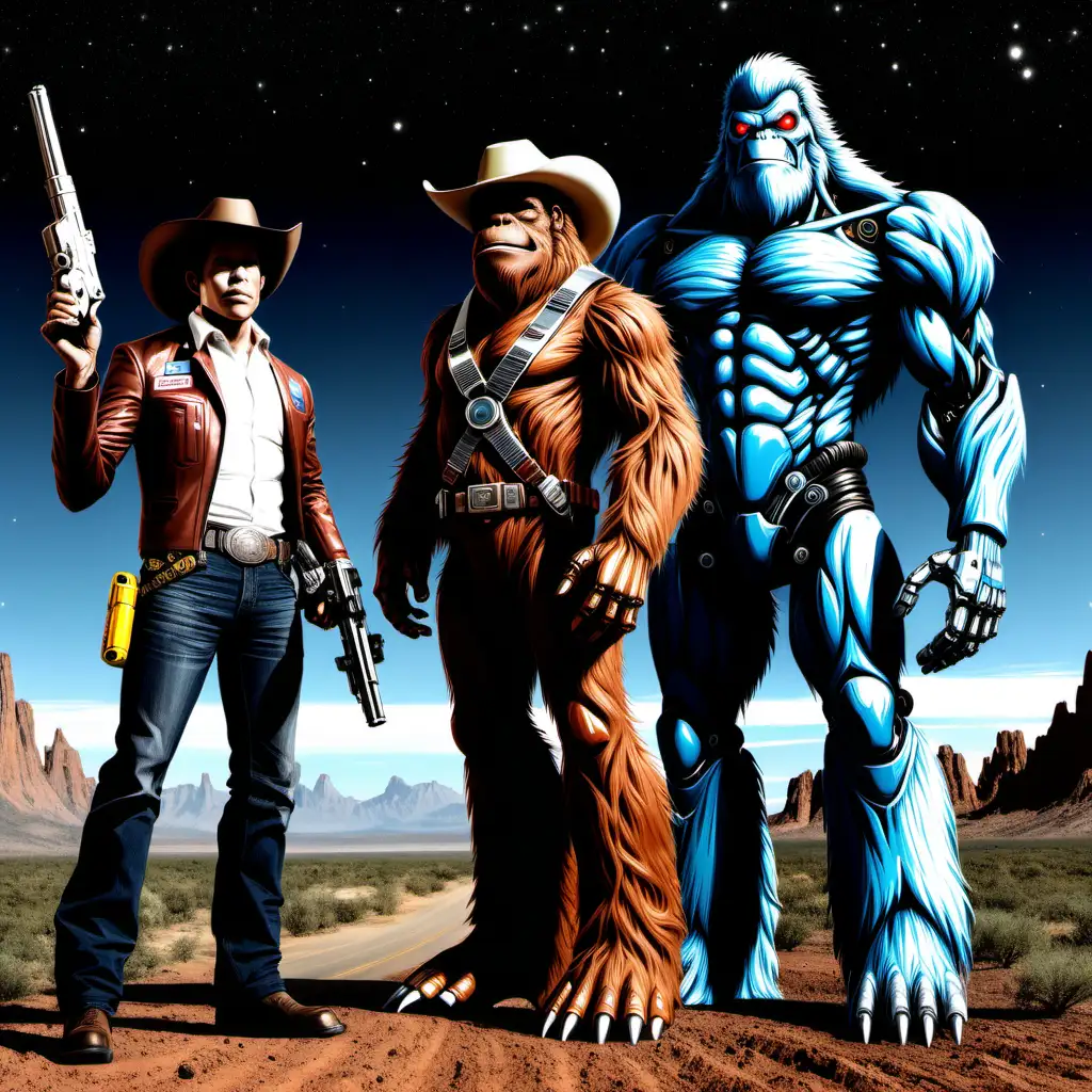 Futuristic Encounter Space Robot Bigfoot and Space Cowboy