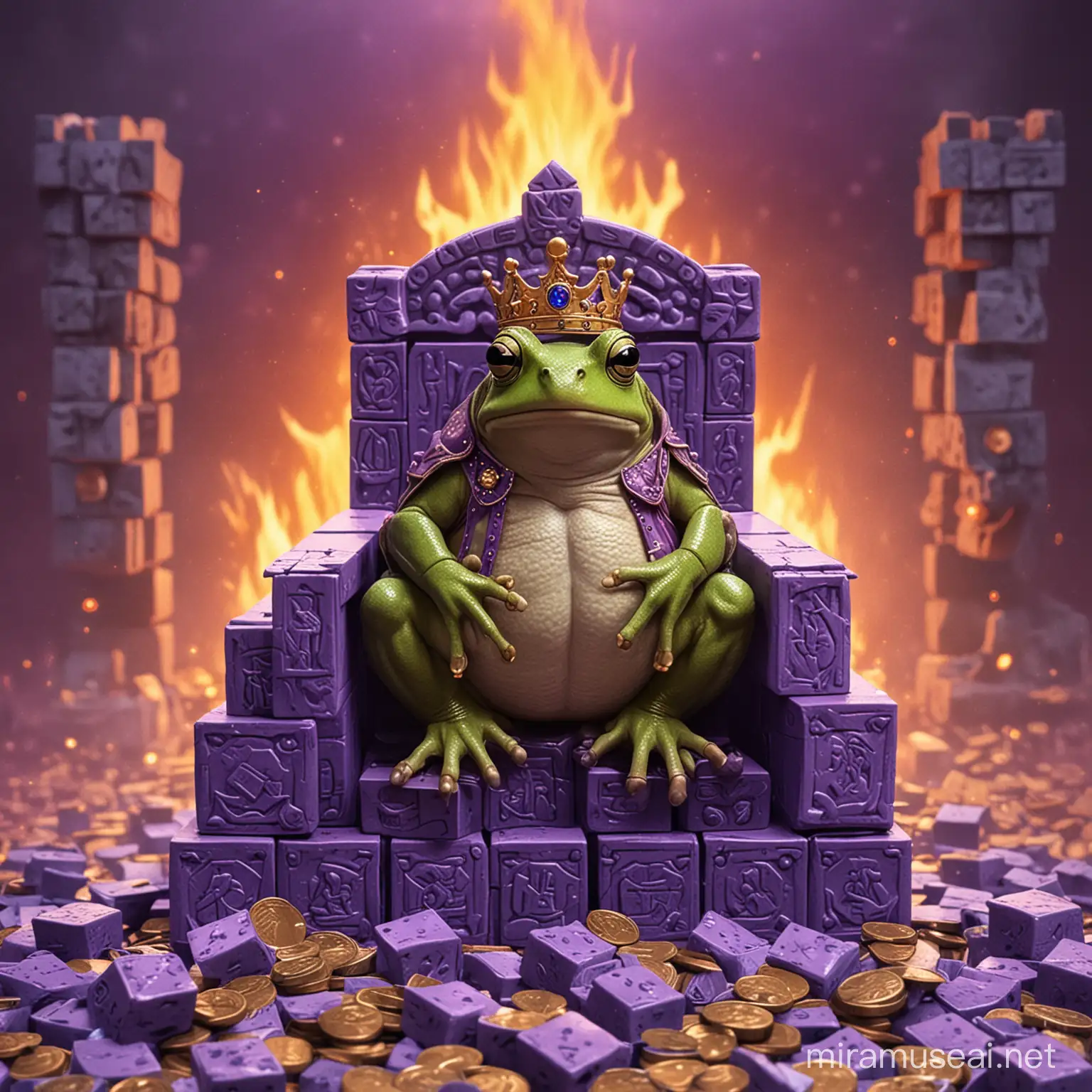 Majestic Frog King on a Throne of Royal Purple Blocks with Flaming Background and Treasures of Coins
