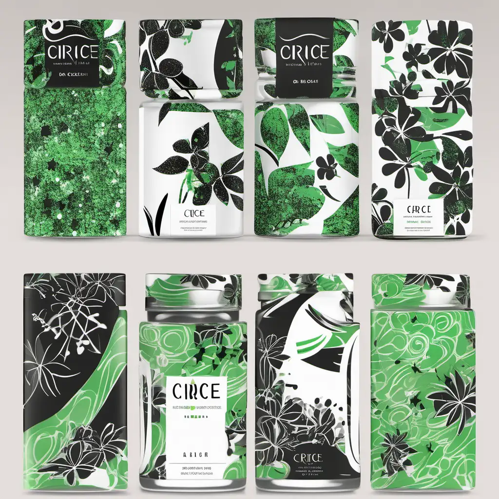 a brand identity for a company. the company name is circe. the brand contains face cream, body cream, eye serum, hair serum, eye band, candles. add boxes of the products. its all natural and contains herbs and mineral stones. the design must be modern eye catching and bold and minimal. colors are black white and green. black is less. the design is blooming black flowers with green leafs, and small stars splattering. green random curvy lines. background is illustrated natural stone section