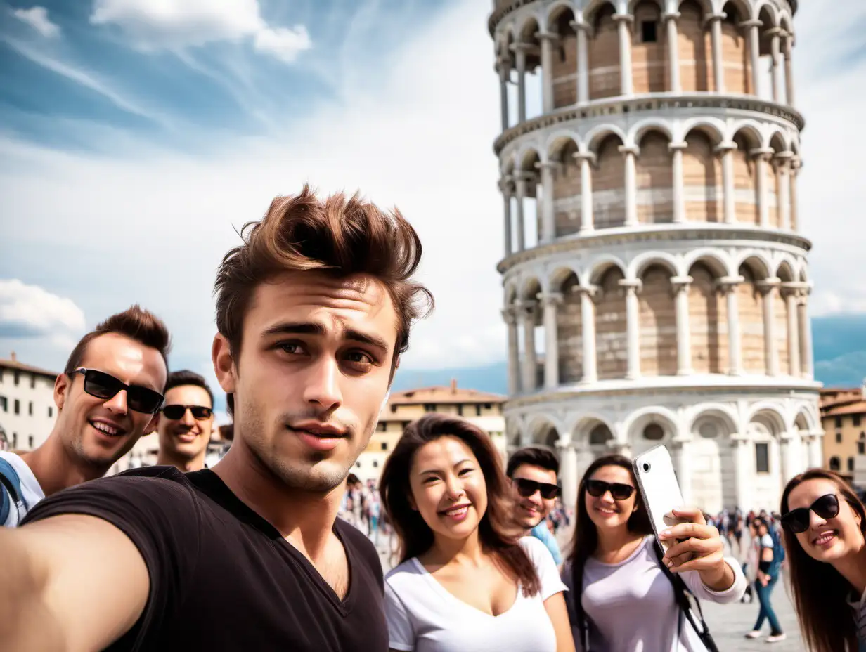 a handsome 30-year-old man with brown hair who looks like James Dean takes a selfie at the Leaning Tower of Pisa. Several people are visible in the picture, trying to act as if they are holding the tower. Full body picture.