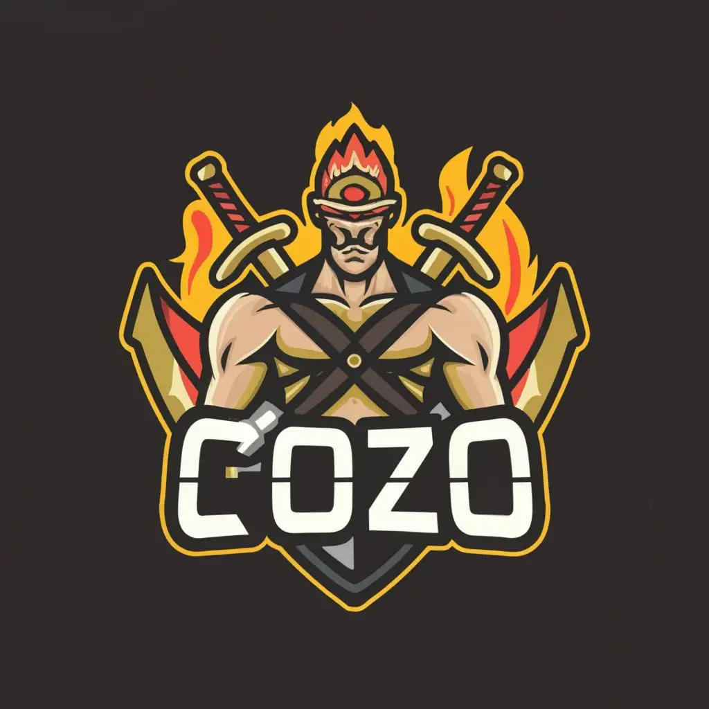 a logo design,with the text Cozo, main symbol:Warrior, 2 axes, fire, gold,Moderate,clear background