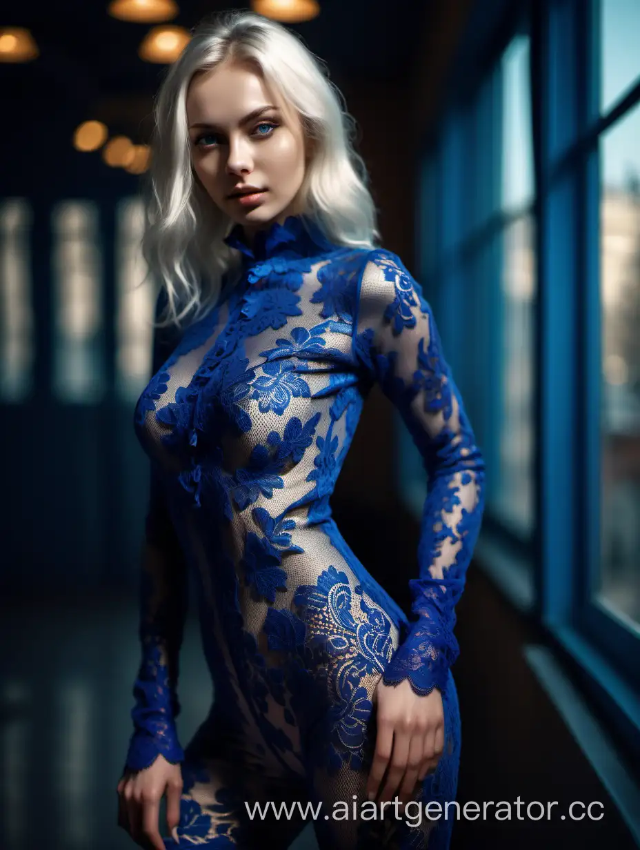 Photo of a beautiful Russian model looking at camera, full body, wide shot, detailed skin, film photography, perfect body, realistic, sharp focus, very detailed, 4K HQ, depth of field, f/1.2, Leica, 8K HDR, High contrast, shadows, bokeh, platinum blonde hair, blue lace catsuit