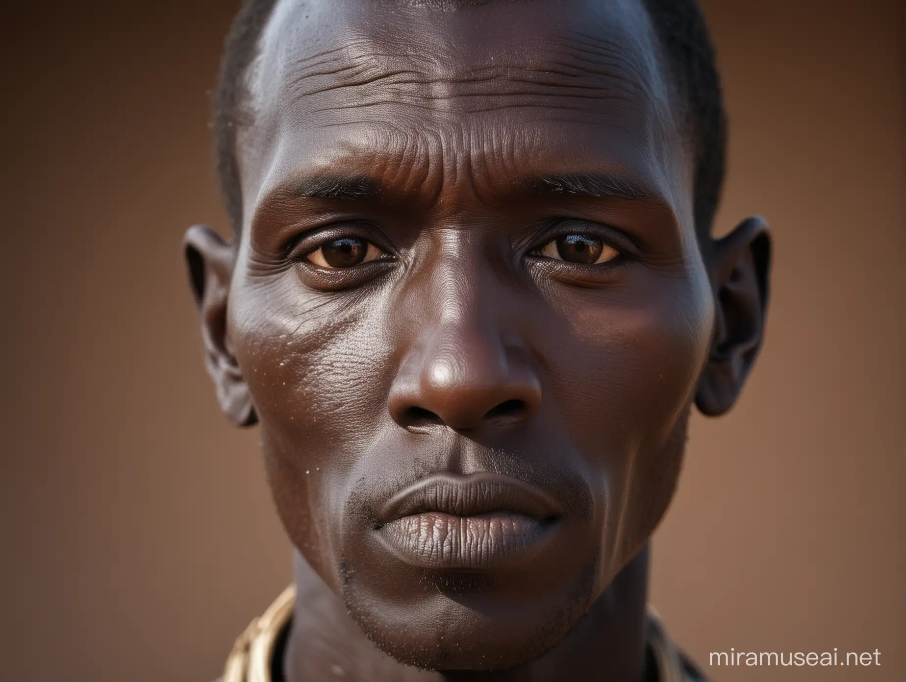 A Dinka man, very close up photograph of face, crisp lighting 