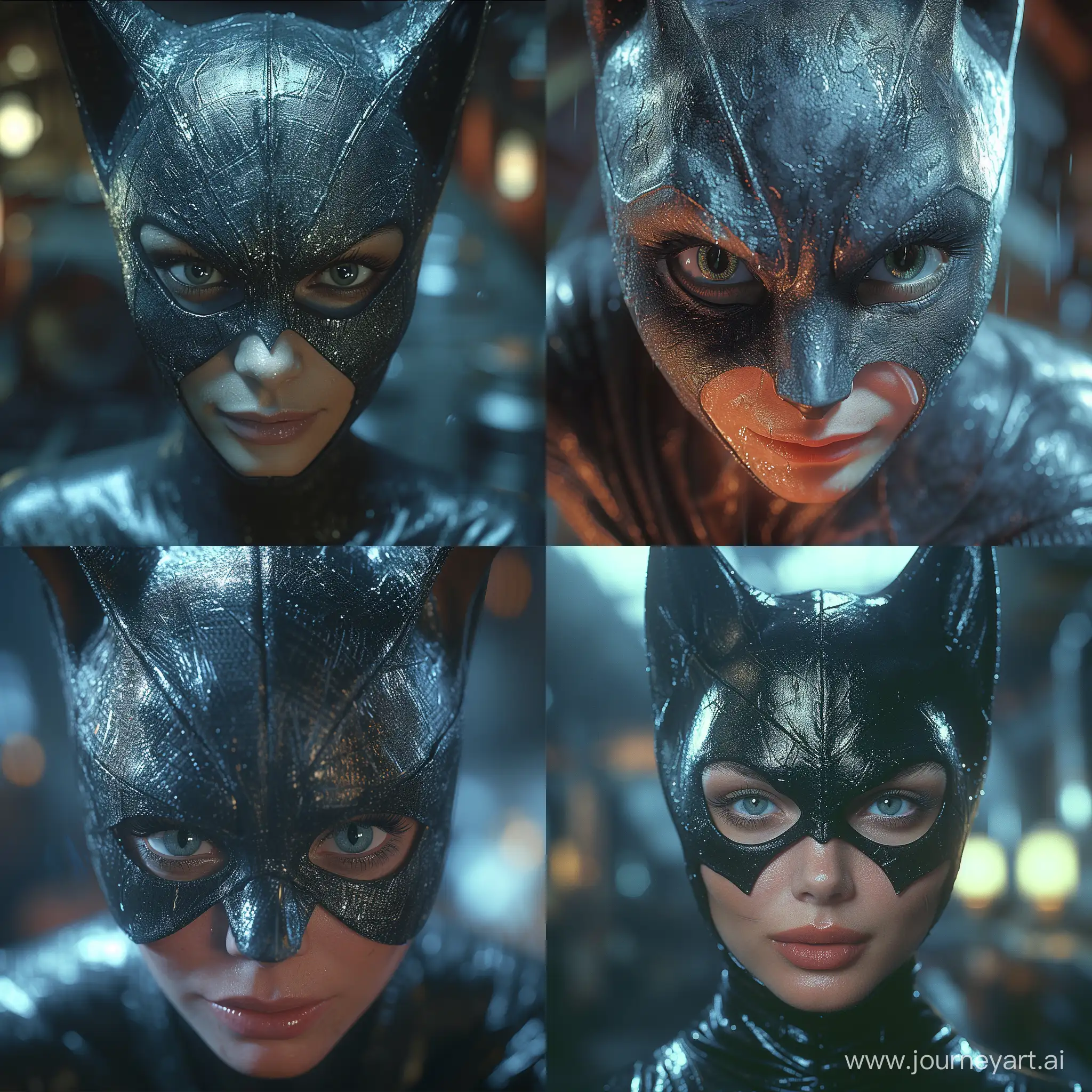 a close-up of  realistic catwoman 1989 costume,  the opening for the eyes and lower part of the face. The character's expression is serious or stern, consistent with the typical portrayal of Batman as a determined and intense superhero. The costume appears to be made of a material that mimics the texture of leather,  readiness to face danger. The lighting is dim, suggesting a dark or nighttime setting, which is characteristic of the Gotham City environment where catwoman often operates. The background is blurred and not clearly discernible, but it seems to be a gloomy and possibly industrial setting, adding to the overall dark and gritty atmosphere often associated with catwoman media  --stylize 750 
 