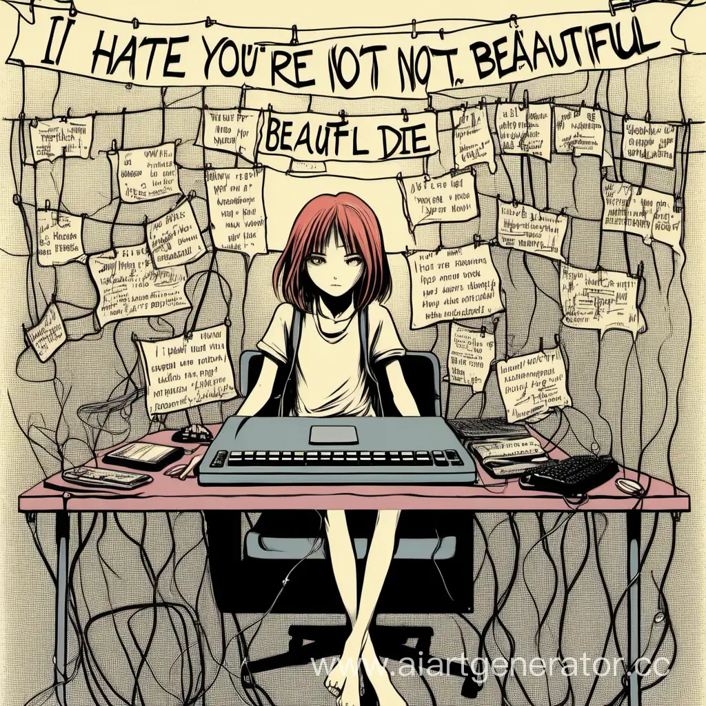 девочка, повешенная на проводе от клавиатуре , вокруг нее сообщения "я тебя ненавижу" "ты не красивая" " чтоб ты умерла" 