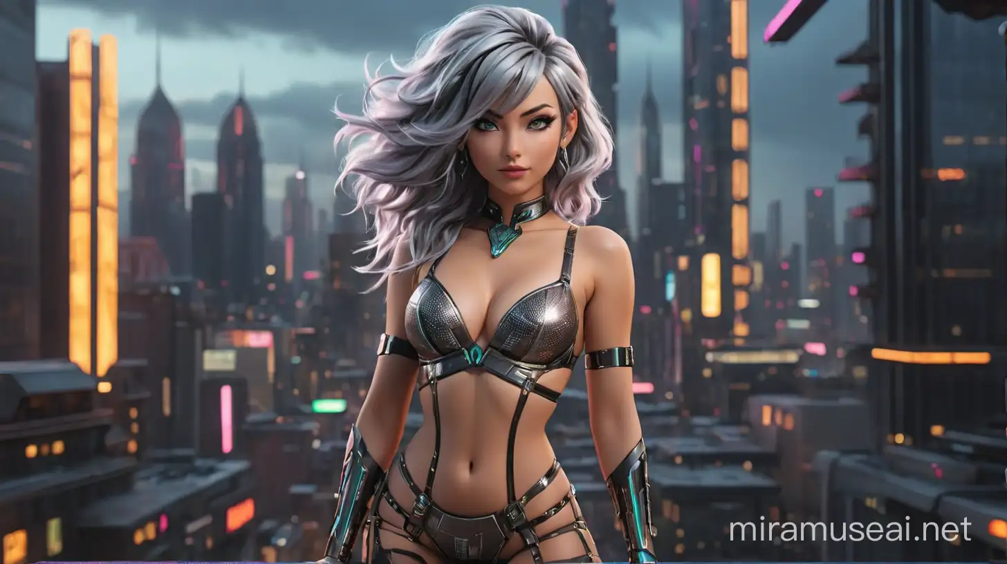 sexy cyberpunk stripper wearing glowing neon lingerie with black copper and silver colored hair with futuristic cityscape in the background