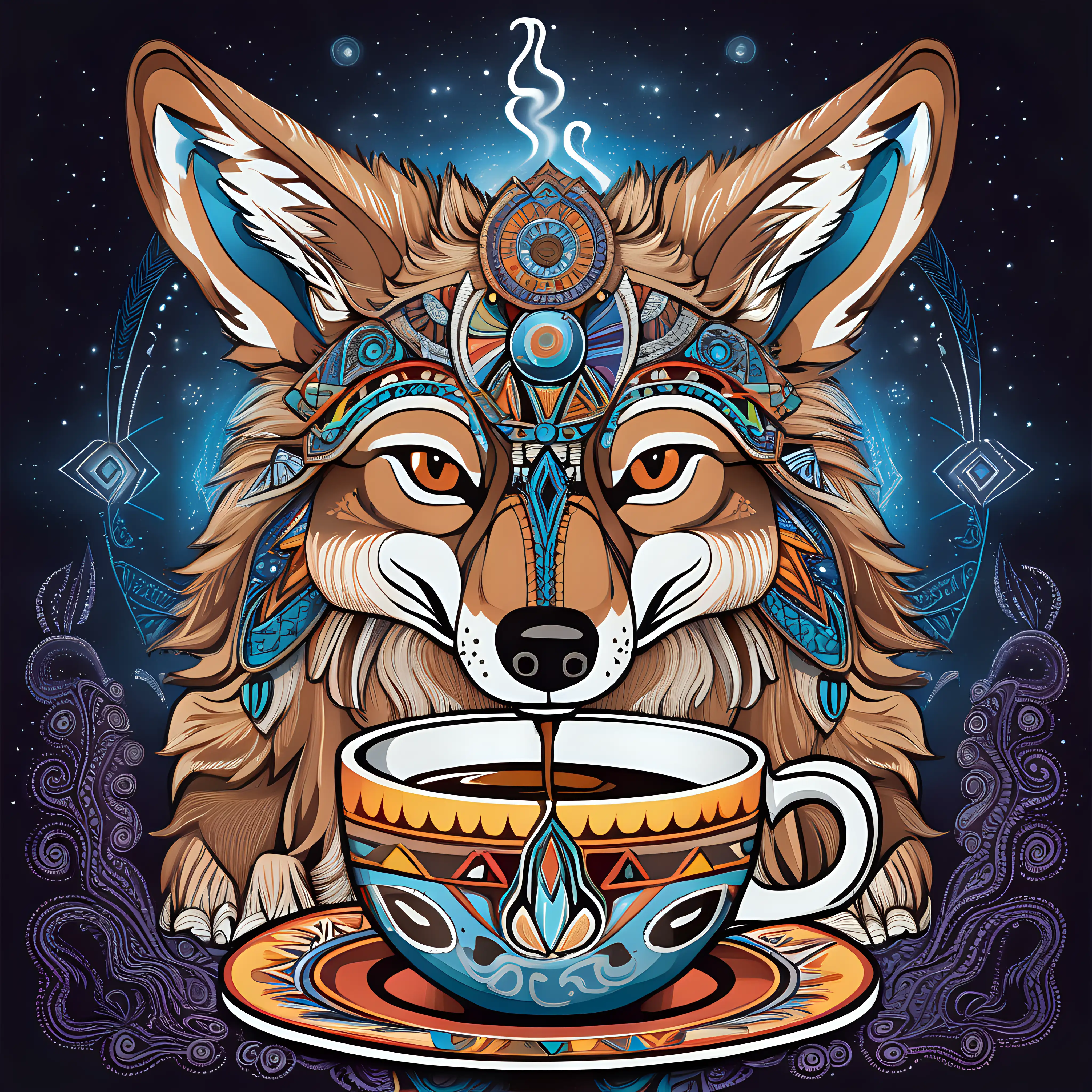 Coyote Enjoying Strong Coffee in Astral Journey Huichol Art Inspired Design