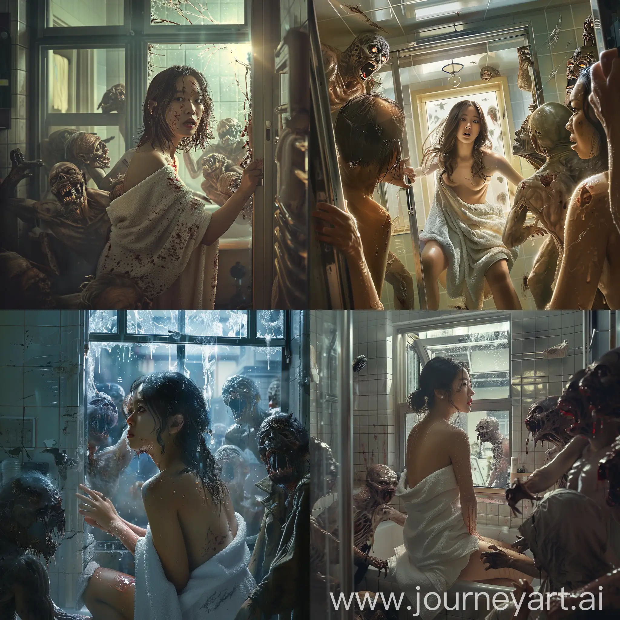 In a modern bathroom, a beautiful young Korean woman clad in a towel finds herself surrounded by vile ghouls, who broke through the window.