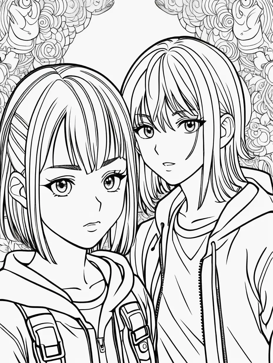 A adult coloring book page of two young persons. Style: Manga